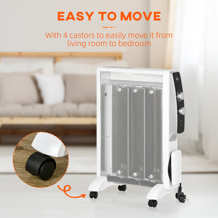 Aquecedor Elétrico 750W/1500W Aquecedor de Mica com Ecrã LED Controlo Remoto Termostato Temporizador e 4 Rodas para Área 15-18 m² 47x26,5x61,5cm Branco