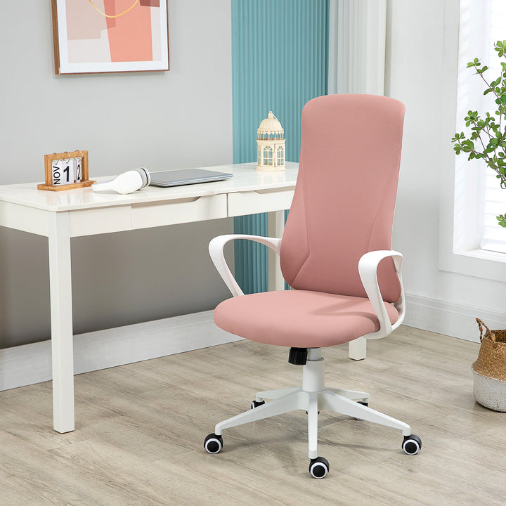 Cadeira de Escritório Giratória com Altura Ajustável Cadeira de Escritório Ergonómica com Apoio para os Braços Função de Inclinação e Encosto Alto para Sala de Estar Dormitório 62x56x110-119,5 cm Rosa