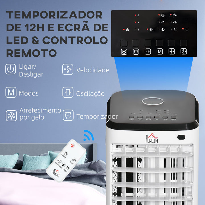 Climatizador Refrigerador de Ar Portátil 3,5 L 3 em 1 Climatizador Humidificador Ventoinha 65W Ecrã LED Controlo Remoto Temporizador Oscilação 3 Velocidades 3 Modos 24,5x27x60 cm Branco