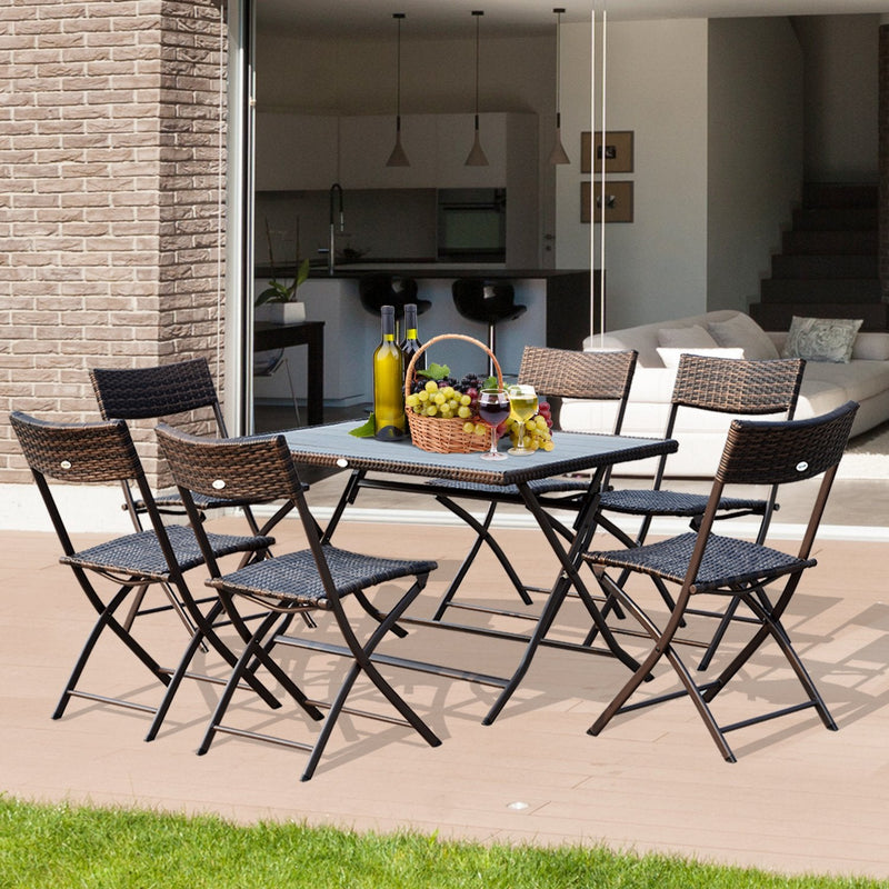 Conjunto de Mesa Cadeiras Móveis Dobrável Vime para Jardim Exterior Pátio Terraço 7 Pcs Aço - Cor Castanho - 61x46x84cm