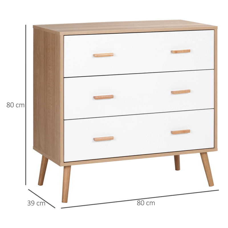 Cómoda de Madeira com 3 Gavetas Armário Auxiliar de Armazenamento Moderna com Pés Elevados para Dormitório Sala de Estar 80x39x80cm Branco e Madeira Natural