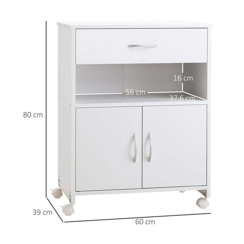 Armário para Impressora Móvel para Impressora com Rodas Gaveta 2 Portas e Compartimento Aberto para Sala de Estar Escritório Estúdio 60x39x80cm Branco