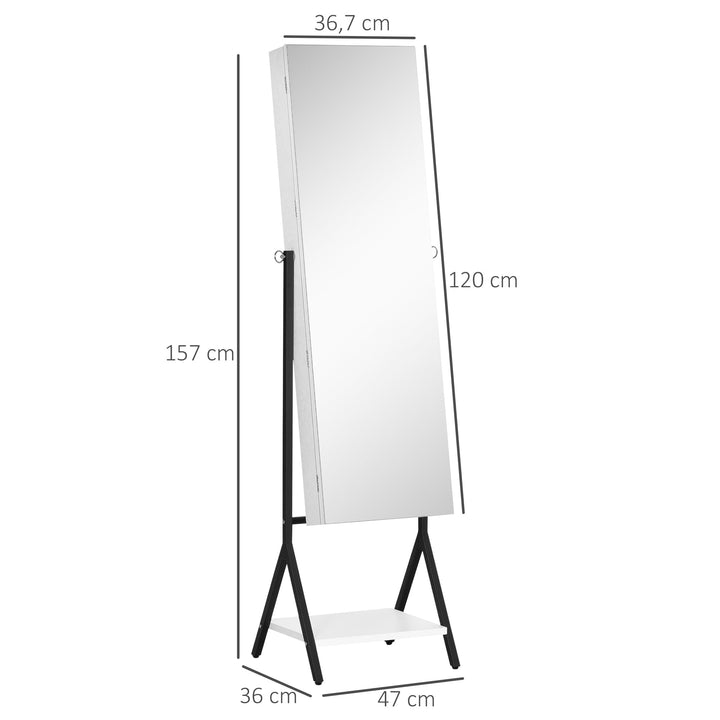 Joalheiro de Pé com Ângulo Ajustável Joalheiro de Corpo Inteiro com Prateleira Inferior Fechadura Magnética Suportes para Joias 47x36x157cm Branco e Preto