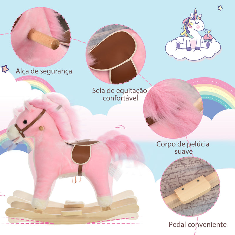 Cavalo de balanço para crianças acima de 36 meses Com boca e cauda móveis Música 65x32,5x61 cm Rosa