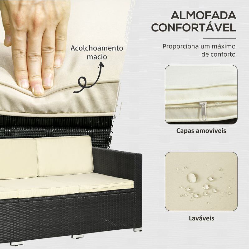 Conjunto de Móveis de Vime de Jardim 3 Peças Conjunto de Móveis de Vime Exterior Sofá de 3 Lugares com Almofadas Acolchoadas Mesa de Centro com Bancada de Vidro Temperado e Banco Preto e Bege