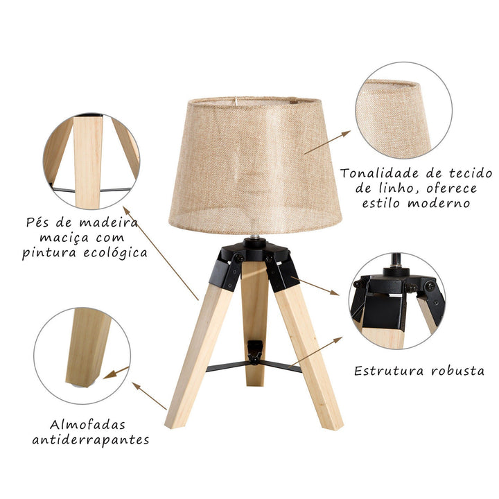 Candeeiro de Mesa Moderno e Original, com Base Tripé de Madeira e Abajur de Tecido de Linho - 24x24x45cm