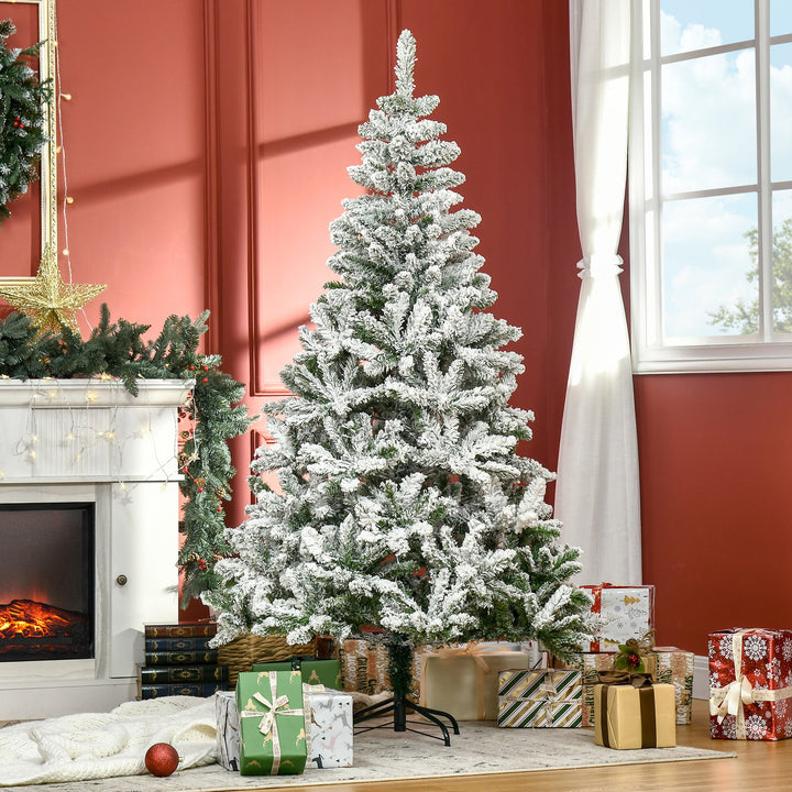 Árvore de Natal Artificial 180cm com Neve Ignífugo com 750 Ramos Folhas de PVC Base Dobrável e Suporte Metálico Decoração de Natal para Interiores Verde