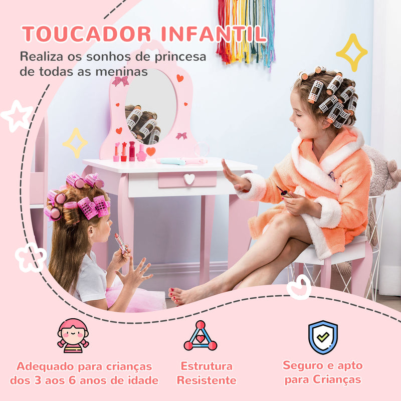 Toucador Infantil com Banco e Espelho Toucador Infantil de Madeira com Gaveta Mesa de Maquilhagem para Crianças entre 3-6 Anos 50x36,5x89,5cm Rosa