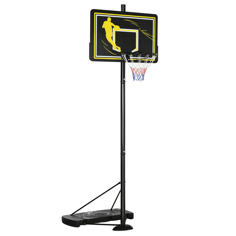 Cesta de Basquetebol com Rodas Altura Ajustável 230-305cm Cesta de Basquetebol com Suporte Tabela de PE e Base Recarregável para Exteriores 110x45x290-360cm Preto e Amarelo