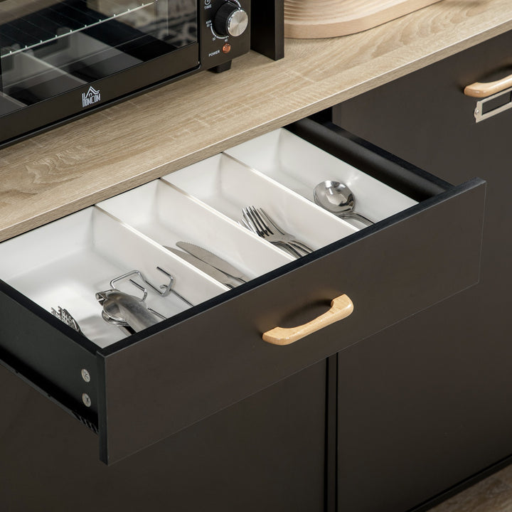 Armário de Cozinha Aparador de Sala de Jantar com 1 Gaveta 3 Portas e Armazenamento Aberto Móvel Auxiliar para Microondas de Estilo Moderno 119x41x180cm Preto