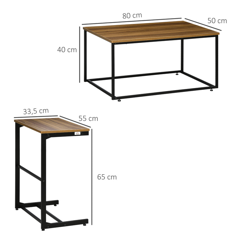 Conjunto de 2 Mesas de Centro Mesas Auxiliares com Estrutura de Aço para Sala de Estar Dormitório Estilo Industrial 55x33,5x65cm e 80x50x40cm Nogueira e Preto