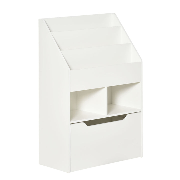 Estante de Madeira para Brinquedos com 3 Compartimentos 2 Cubos e Gaveta Móvel com 4 Rodas Estante para Livros Infantil para Dormitório Infantil Sala de Jogos 60x29,9x90cm Branco