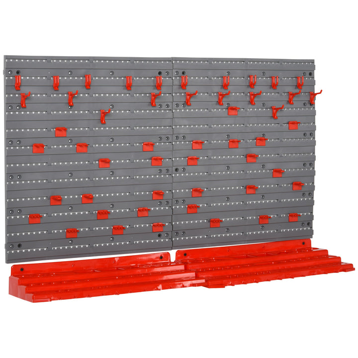 Estante de Parede com Sistema de Armazenamento 95,5x23x53,5cm Suporte para Ferramentas com 54 Peças 50 Ganchos para Oficina Garagens Vermelho e Cinza
