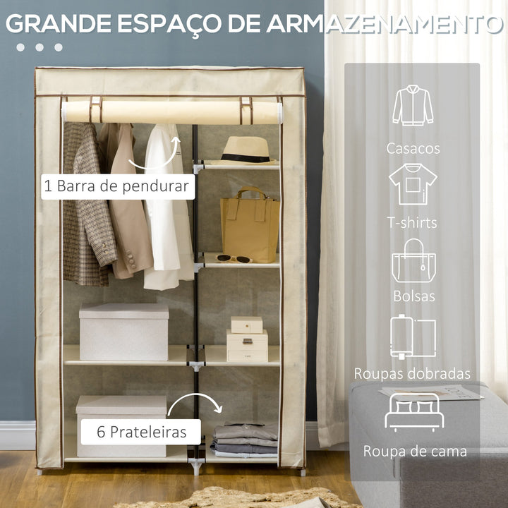 Roupeiro de Tecido Dobrável Armário de Roupa Portátil com 6 Prateleiras e 1 Barra de Pendurar para Dormitório Vestidor 103x43x162,5cm Creme
