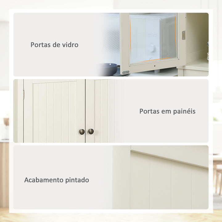 Armário de Cozinha com 2 Portas de Vidro 1 Gaveta e Prateleira Ajustável Móvel Auxiliar de Cozinha Anti-Tombo 76x40x182,5cm Creme