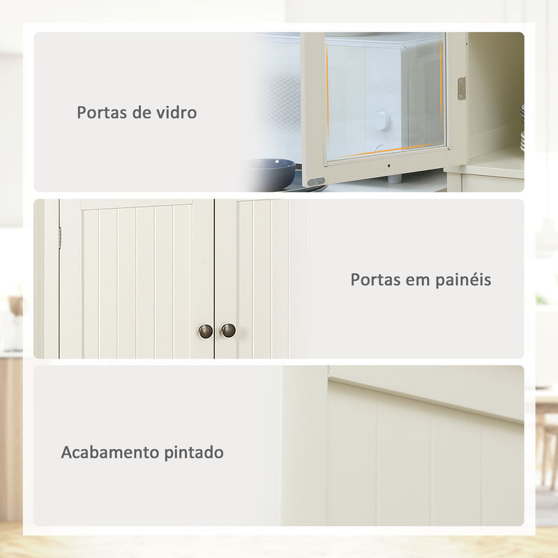 Armário de Cozinha com 2 Portas de Vidro 1 Gaveta e Prateleira Ajustável Móvel Auxiliar de Cozinha Anti-Tombo 76x40x182,5cm Creme