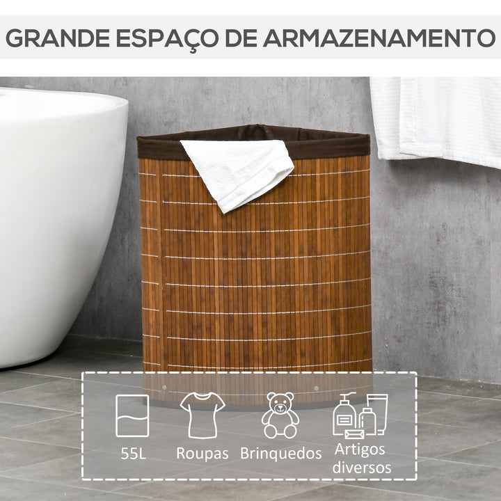 Cesto de Roupa de Bambu Capacidade de 55L Cesto para Roupa Suja em Forma de Leque com Tampa e Bolsa Amovível 38x38x57cm Marrom