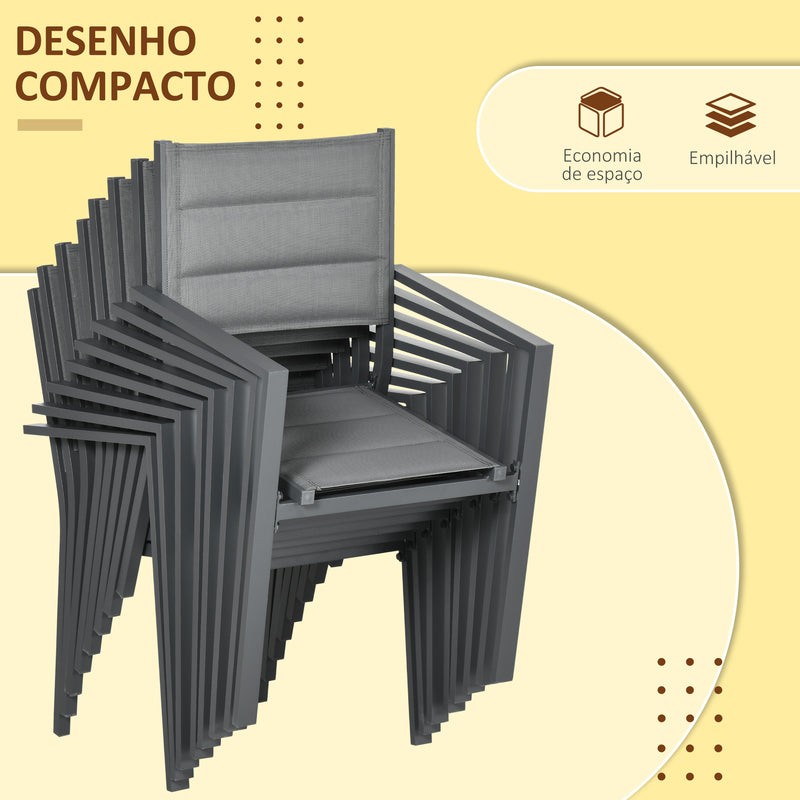 Conjunto Móveis de Jardim 9 Peças Conjunto de Refeição para Varanda com Mesa Extensível 8 Cadeiras Empilháveis Estrutura de Alumínio e Assento de Textilene 135-270x89x74cm Cinza