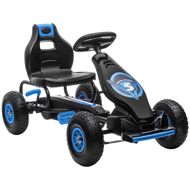 Kart a Pedais para Crianças 5-12 Anos Kart a Pedais Infantil com Assento Ajustável Pneus Insufláveis Amortecimento e Travão de Mão Carga Máx. 50kg 121x58x61cm Azul