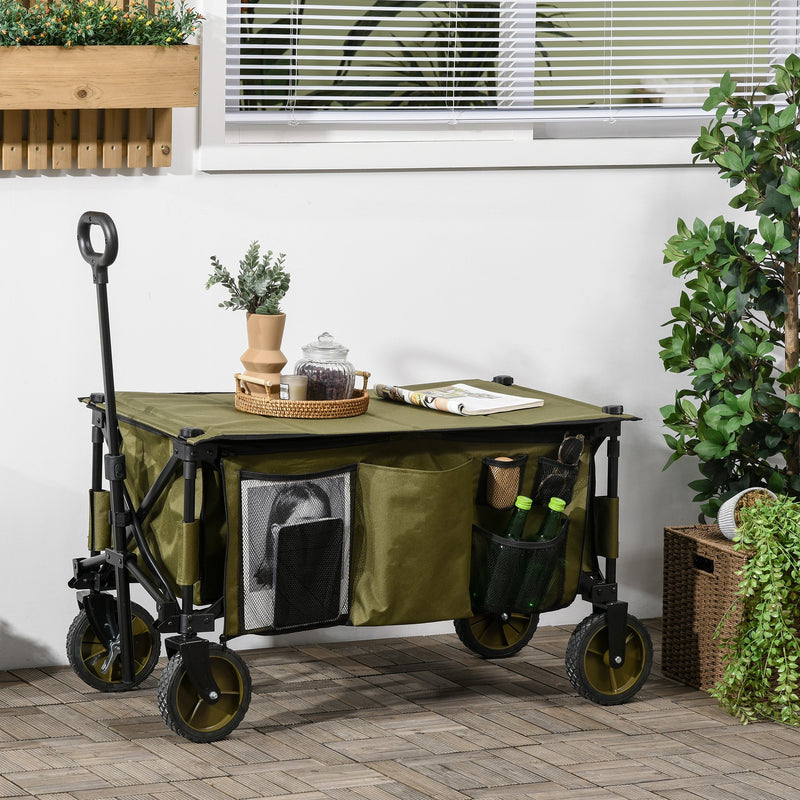 Carrinho Dobrável de com Rodas Carrinho para Praia com Guiador Telescópico Bancada Dobrável 5 Bolsas de Armazenamento Estrutura de Aço e Tecido de Oxford 108x55x93cm Verde Escuro