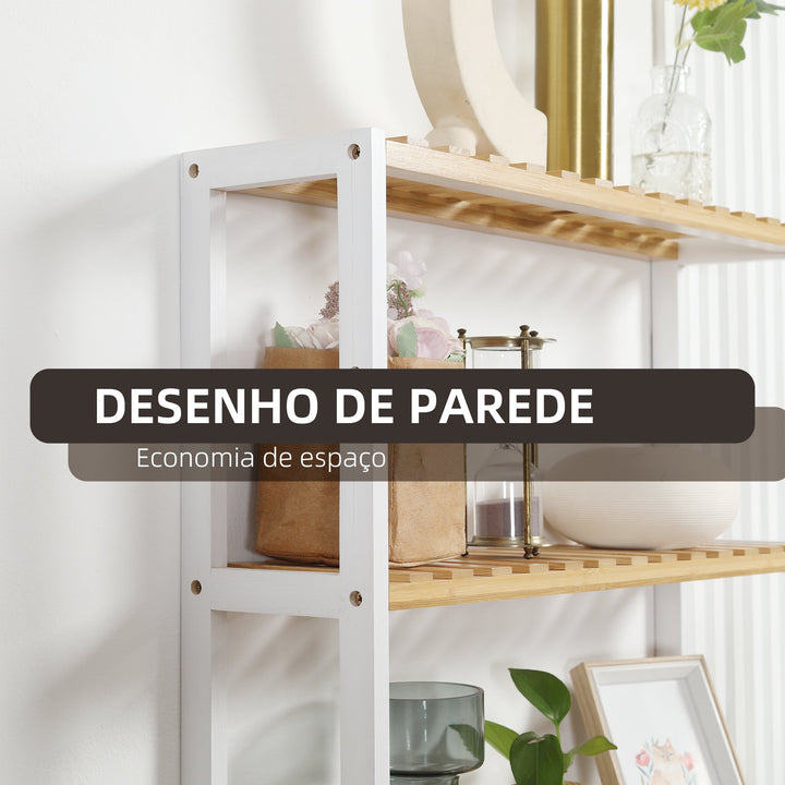 Estante de Parede de Bambu Prateleiras de Parede de 3 Níveis Estante Suspensa para Sala de Estar Dormitório Cozinha Casa de Banho 60x15x54cm Madeira e Branco
