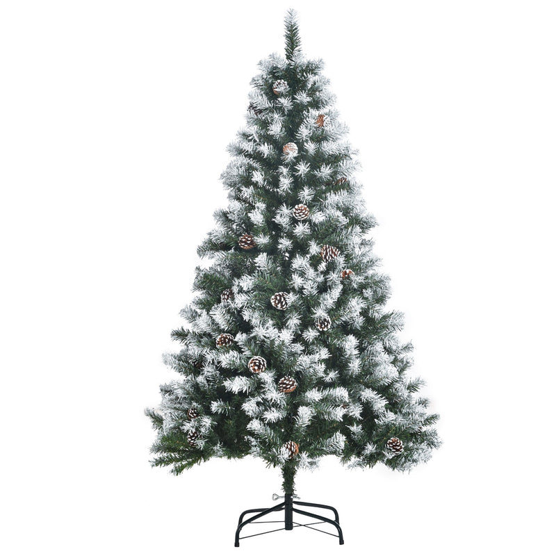 Árvore de Natal Artificial 150cm com 676 Ramas e 41 Pinhas Folhas de PVC com Efeito de Neve Base Dobrável e Suporte Metálico para Interiores Verde