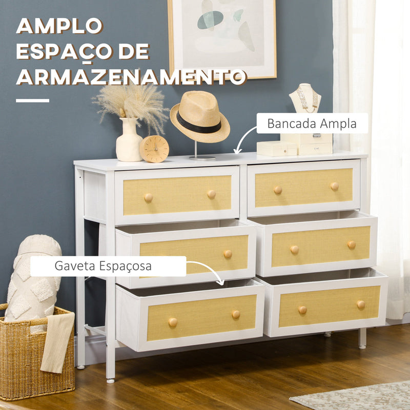 Cómoda Moderna com 6 Gavetas de Tecido Dobráveis para Dormitório Cómoda com Superfície de Vime PE e Estrutura de Aço para Sala de Estar 120x30x83 cm Branco