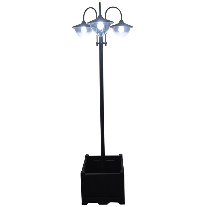 Candeeiro Solar de Jardim com 18 Luzes LED Branco Frio 6000K Impermeável IP44 Sensor de Noite e Base em Forma de Floreira Candeeiro de Exterior para Terraço Pátio 60x55x189cm Preto