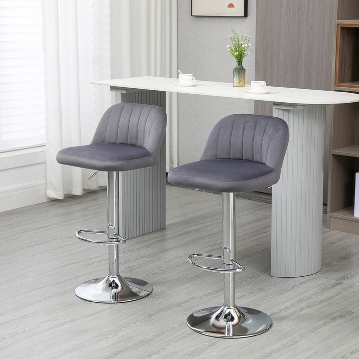 Conjunto de 2 Bancos de Bar Estofados em Pelúcia Bancos Altos de Sala de Jantar com Altura Ajustável Assento Giratório e Apoio para os Pés Carga Máxima 120kg 43x45x81-101cm Cinza