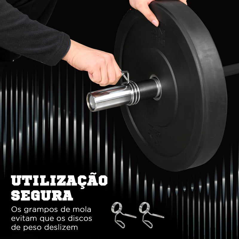 Barra de Pesos de Aço180 cm Ø50 mm com 2 Grampos Carga 200 kg Barra Olimpica para Discos de Ø5 cm Treino em Ginásio Casa Prata e Preto