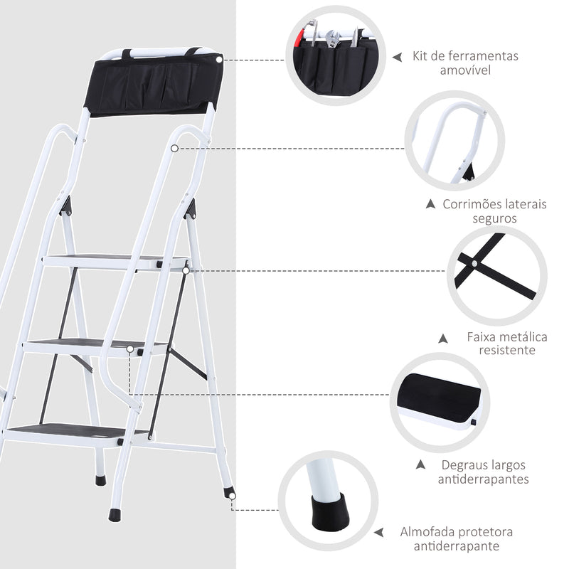 Escada Dobrável com 3 Degraus Escada de Metal com Apoio para os Braços e Suporte para Ferramentas Carga Máxima 150 kg 51x66x131 cm Branco e Preto