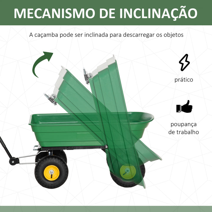 Carrinho de Jardim com Caçamba Inclinável até 75° Carrinho de Mão com Guiador Ajustável e 4 Pneus Capacidade Máxima 75L Aço 109x52x94 cm Verde Escuro