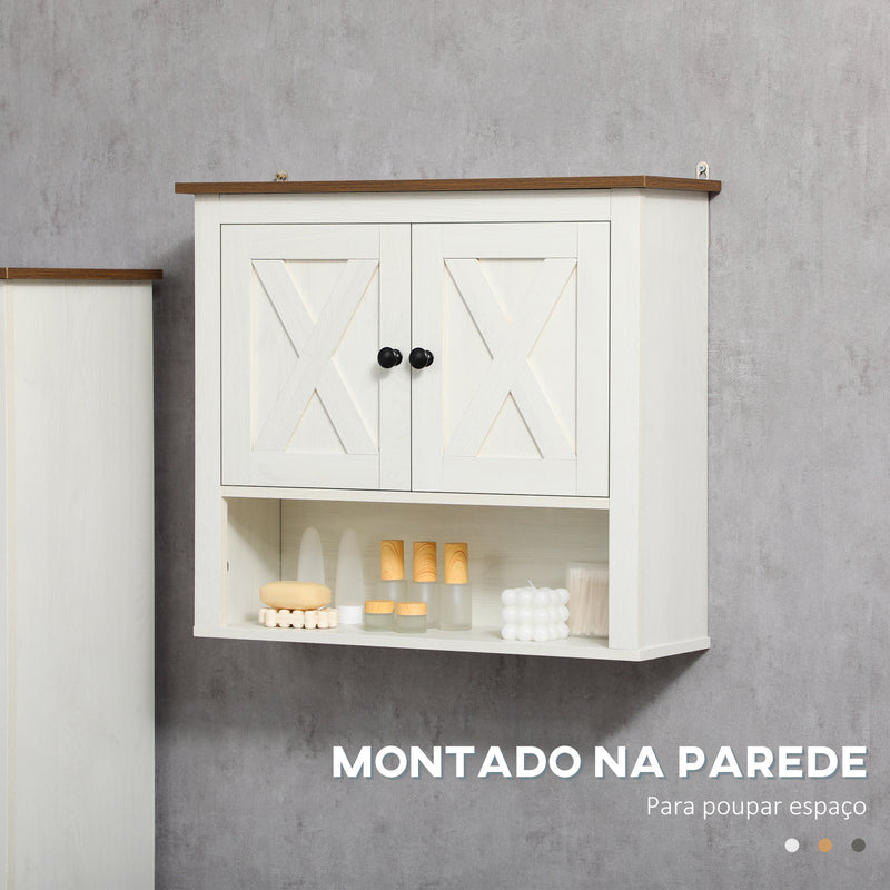 Armário Casa de Banho de Parede Móvel Casa de Banho de Parede com 2 Portas e Prateleiras de Armazenamento para Cozinha Entrada Corredor 60x19,5x52,5 cm Branco e Madeira