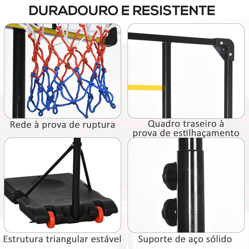 Tabela de Basquetebol com Altura Ajustável 178-208 cm Rodas Cesta de Basquetebol para Crianças acima de 6 Anos com Base Recarregável para Exterior 75x56x210-240 cm Amarelo e Preto