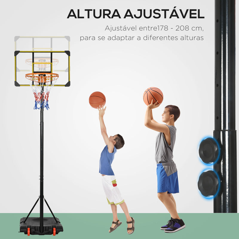 Tabela de Basquetebol com Altura Ajustável 178-208 cm Rodas Cesta de Basquetebol para Crianças acima de 6 Anos com Base Recarregável para Exterior 75x56x210-240 cm Amarelo e Preto