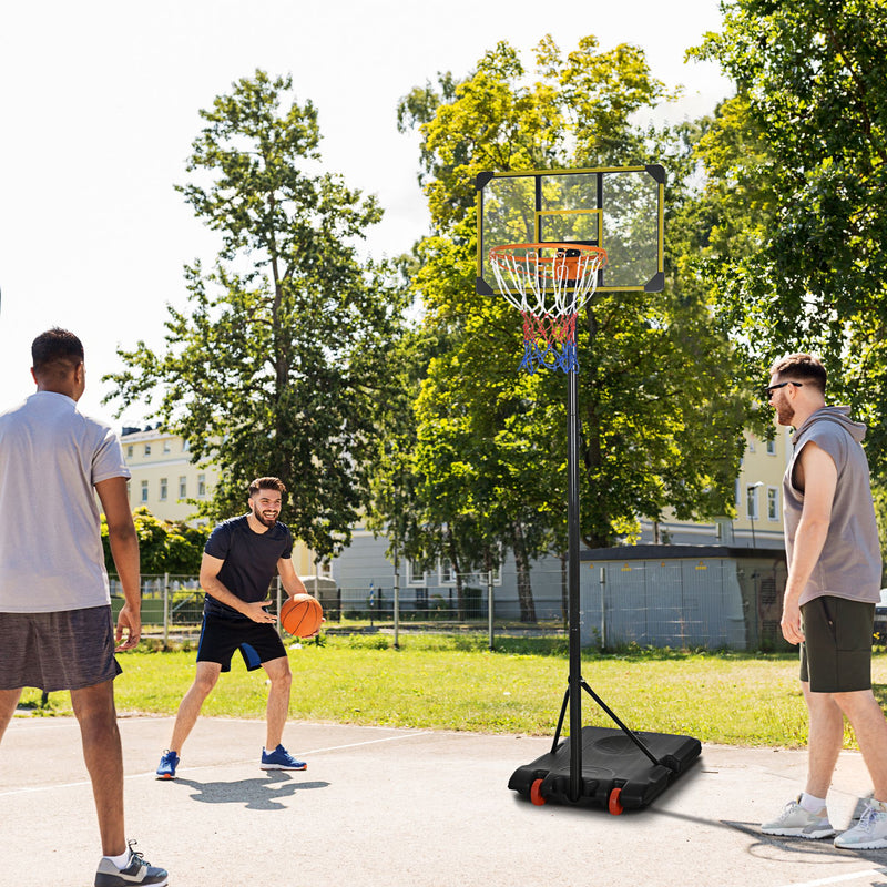 Tabela de Basquetebol com Altura Ajustável 178-208 cm Rodas Cesta de Basquetebol para Crianças acima de 6 Anos com Base Recarregável para Exterior 75x56x210-240 cm Amarelo e Preto