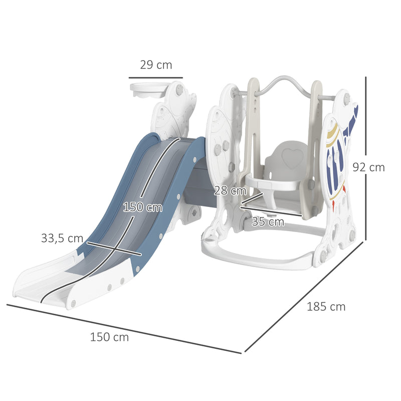 Conjunto de Escorregador e Baloiço para Crianças 3 em 1 Baloiço para Crianças de 18-48 Meses Escorregador e Cesto de Basquetebol Carga Máxima 30 kg 150x185x92 cm Branco e Azul