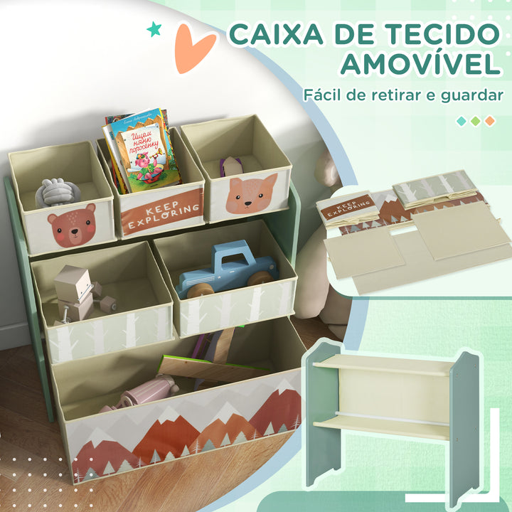 Estante para Brinquedos com 6 Caixas de Tecido não Tecido Amovíveis Organizador de Brinquedos para Crianças de 3-8 Anos para Dormitório 63x30x66 cm Verde