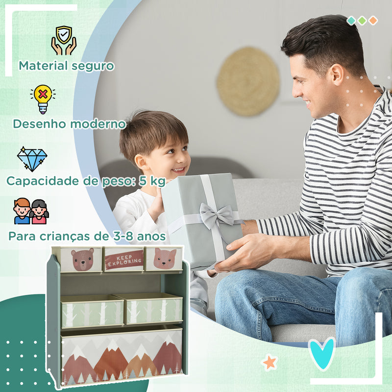 Estante para Brinquedos com 6 Caixas de Tecido não Tecido Amovíveis Organizador de Brinquedos para Crianças de 3-8 Anos para Dormitório 63x30x66 cm Verde