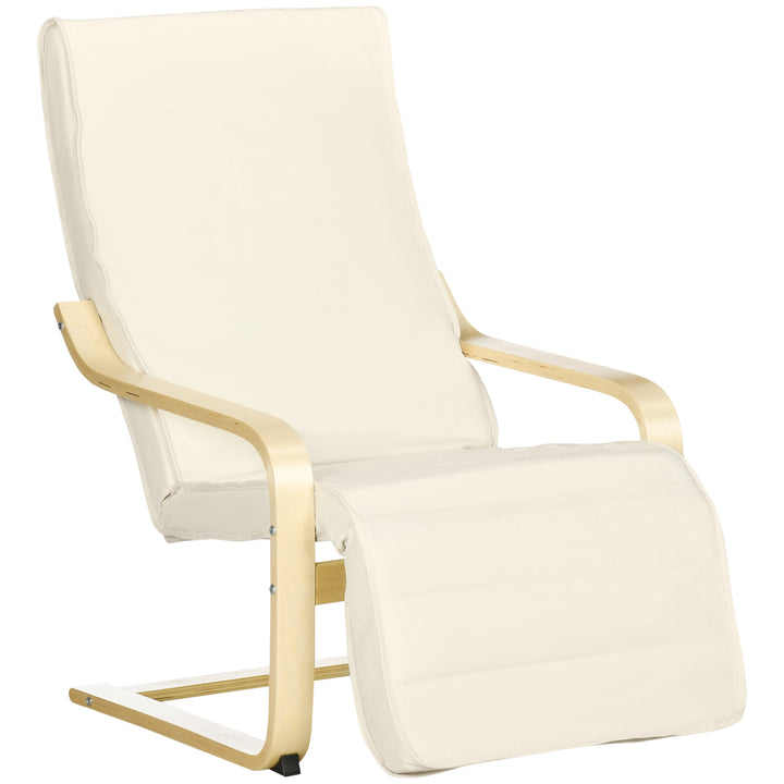 Poltrona Relax com Apoio para os Pés Ajustável Poltrona para Sala de Estar Estofada em Tecido com Estrutura de Madeira Carga 120 kg para Escritório Estúdio Dormitório 66,5x94x100 cm Creme
