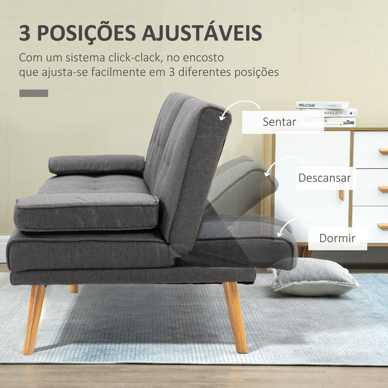 Sofá Cama 3 Lugares Sofá Cama Dobrável com Encosto Ajustável de 3 Níveis Apoio para os Braços Desmontável e 2 Suportes para Copos 181x77x78 cm Cinza