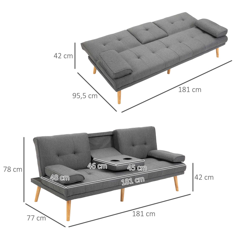 Sofá Cama 3 Lugares Sofá Cama Dobrável com Encosto Ajustável de 3 Níveis Apoio para os Braços Desmontável e 2 Suportes para Copos 181x77x78 cm Cinza