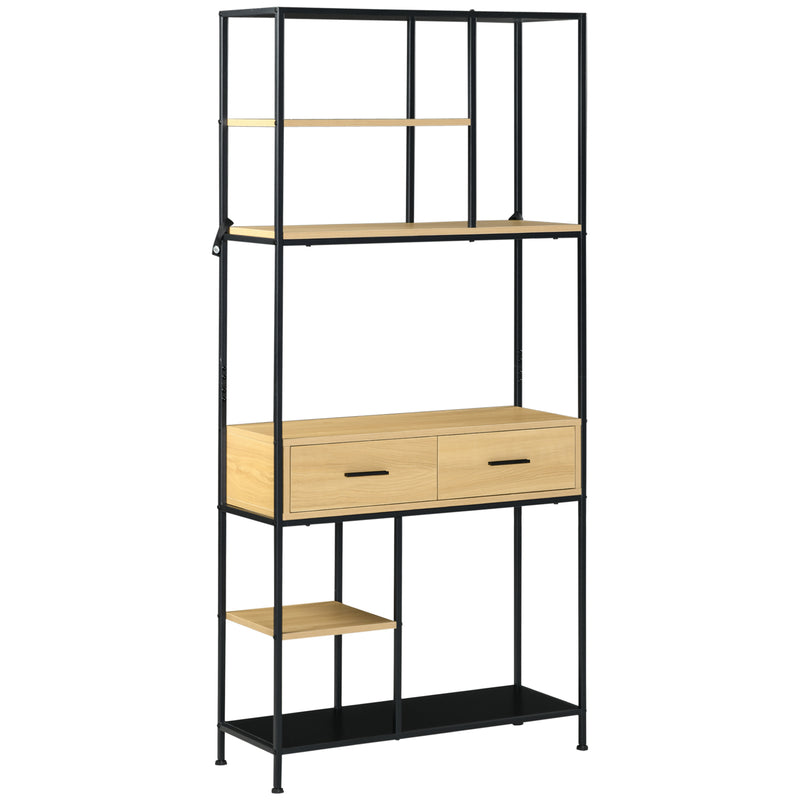 Estante Industrial de 5 Níveis Estante para Livros Móvel de Armazenamento com 2 Gavetas e Estrutura de Metal para Sala de Estar Escritório 80x30x170,5 cm Madeira e Preto