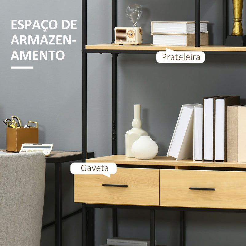 Estante Industrial de 5 Níveis Estante para Livros Móvel de Armazenamento com 2 Gavetas e Estrutura de Metal para Sala de Estar Escritório 80x30x170,5 cm Madeira e Preto