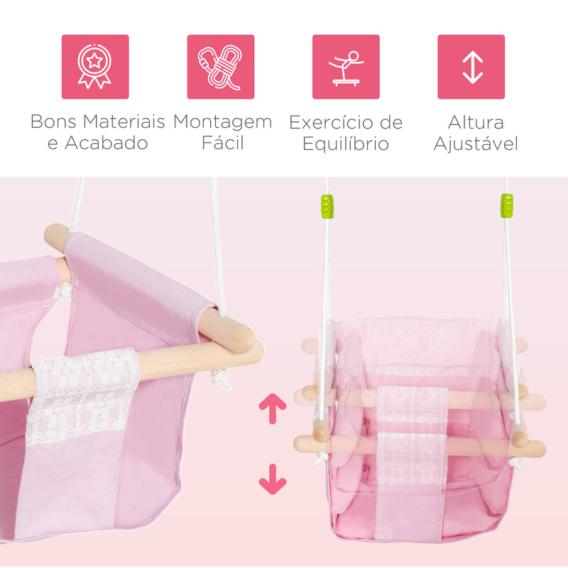 Baloiço para Bebé com Altura Ajustável Cinto de Segurança Interior Exterior Carga Máx. 80kg Madeira 40x40x180cm Rosa e Branco