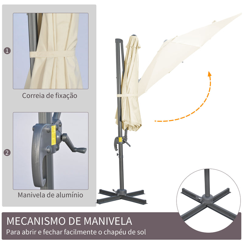 Chapéu de Sol de Jardim de Alumínio Ø293x248cm Chapéu de Sol Excêntrico com Rotação 360° Inclinação de 4 Níveis com Manivela Ventilação e Base Cruzada para Pátio Varanda Bege