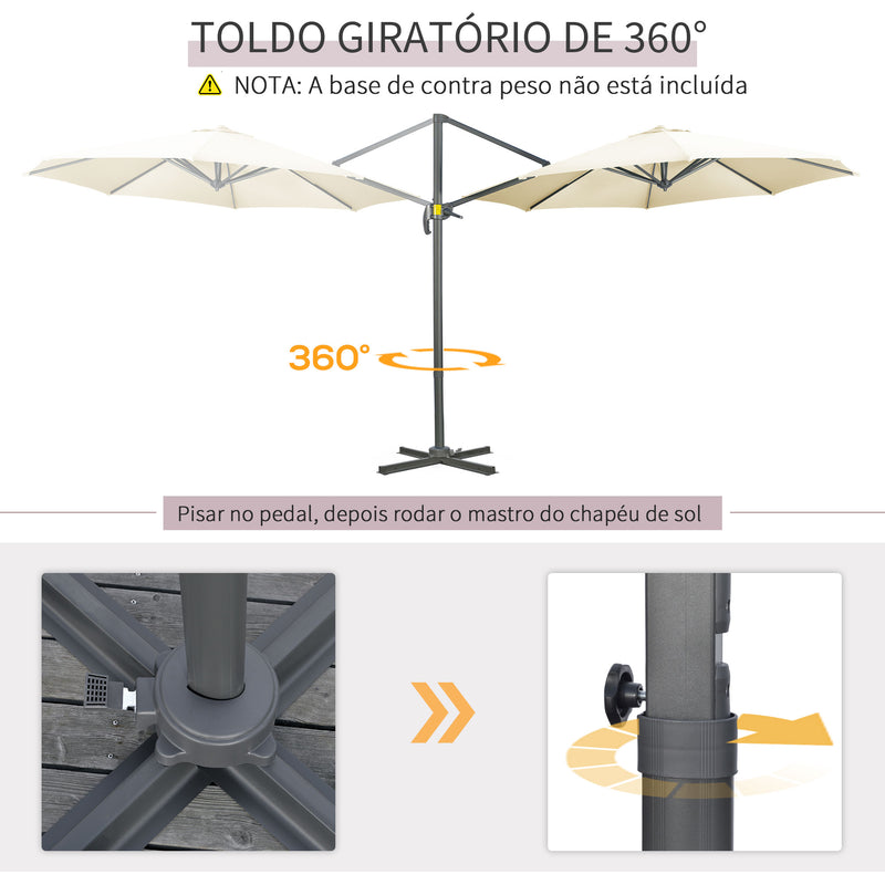 Chapéu de Sol de Jardim de Alumínio Ø293x248cm Chapéu de Sol Excêntrico com Rotação 360° Inclinação de 4 Níveis com Manivela Ventilação e Base Cruzada para Pátio Varanda Bege