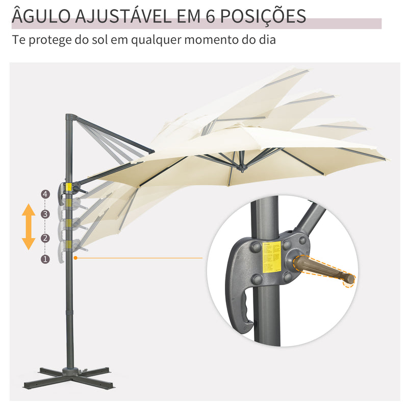 Chapéu de Sol de Jardim de Alumínio Ø293x248cm Chapéu de Sol Excêntrico com Rotação 360° Inclinação de 4 Níveis com Manivela Ventilação e Base Cruzada para Pátio Varanda Bege