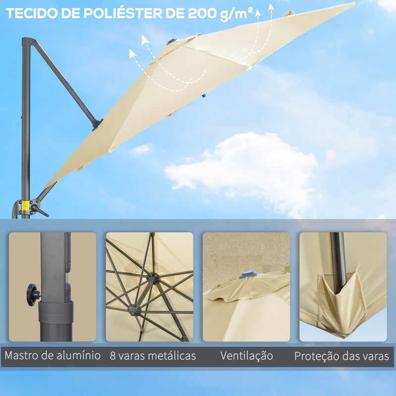 Chapéu de Sol de Jardim de Alumínio Ø293x248cm Chapéu de Sol Excêntrico com Rotação 360° Inclinação de 4 Níveis com Manivela Ventilação e Base Cruzada para Pátio Varanda Bege