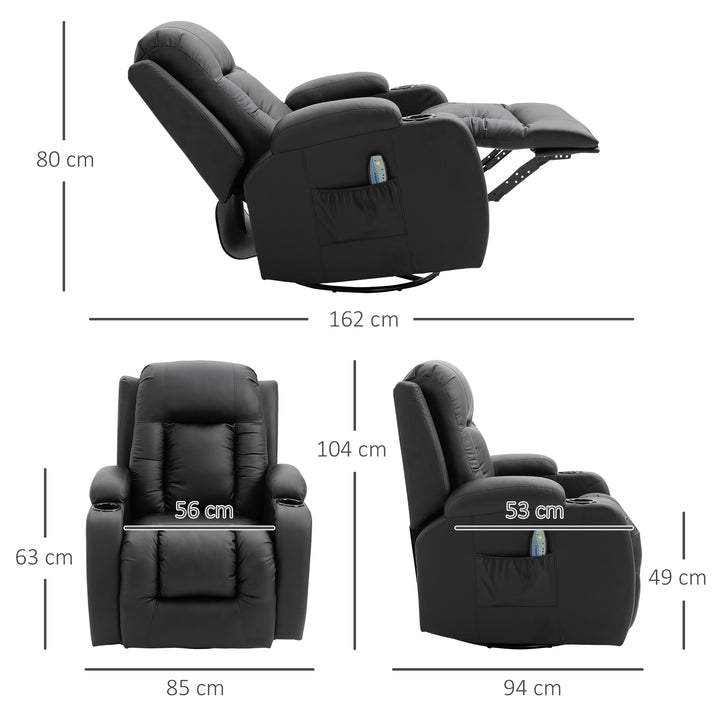 Poltrona de Massagem Reclinável até 150° Poltrona Relax com 8 Pontos de Massagem por Vibração Função de Aquecimento Giratória e Controlo Remoto 85x94x104 cm Preto